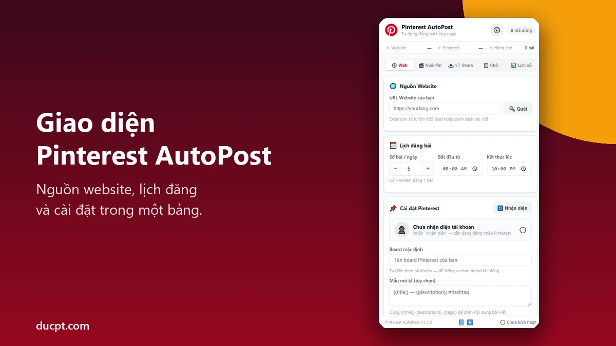 Giao diện tiện ích Pinterest AutoPost với nguồn website và lịch đăng