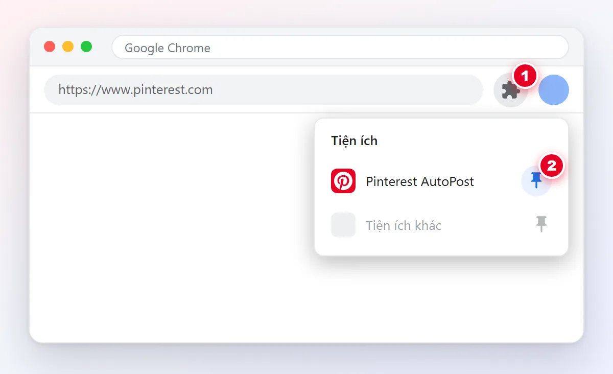 Thanh công cụ Chrome với biểu tượng mảnh ghép số 1 và biểu tượng ghim số 2 cạnh Pinterest AutoPost