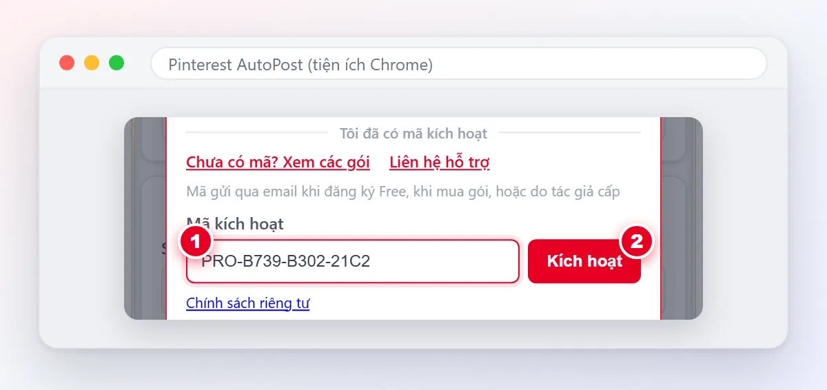 Tiện ích Pinterest AutoPost với ô Mã kích hoạt số 1 và nút Kích hoạt số 2