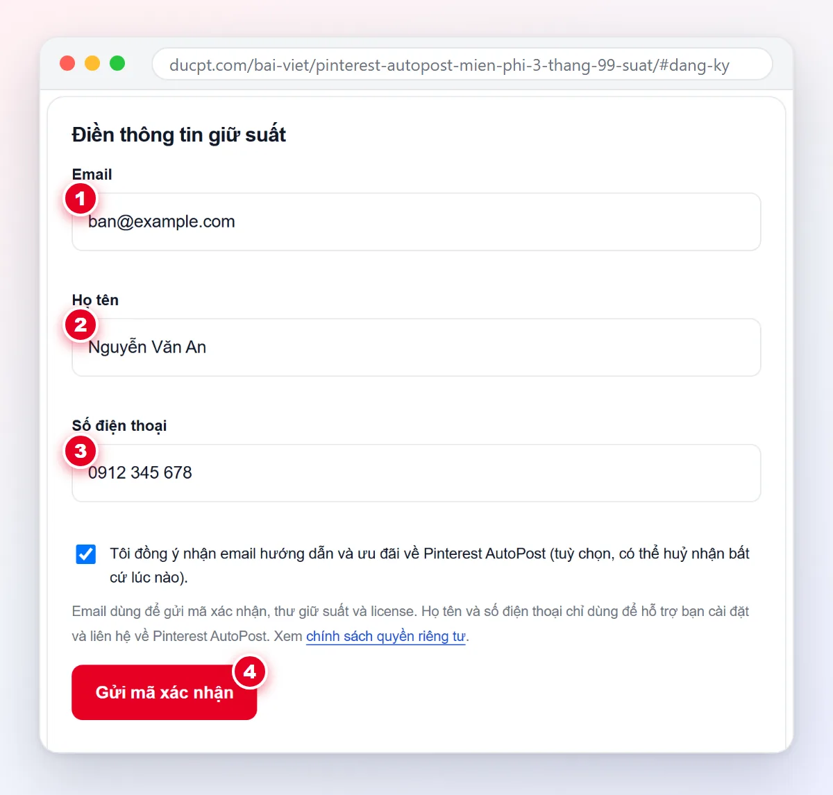 Form đăng ký Pinterest AutoPost miễn phí 3 tháng với ô Email, Họ tên, Số điện thoại và nút Gửi mã xác nhận đánh số từ 1 đến 4