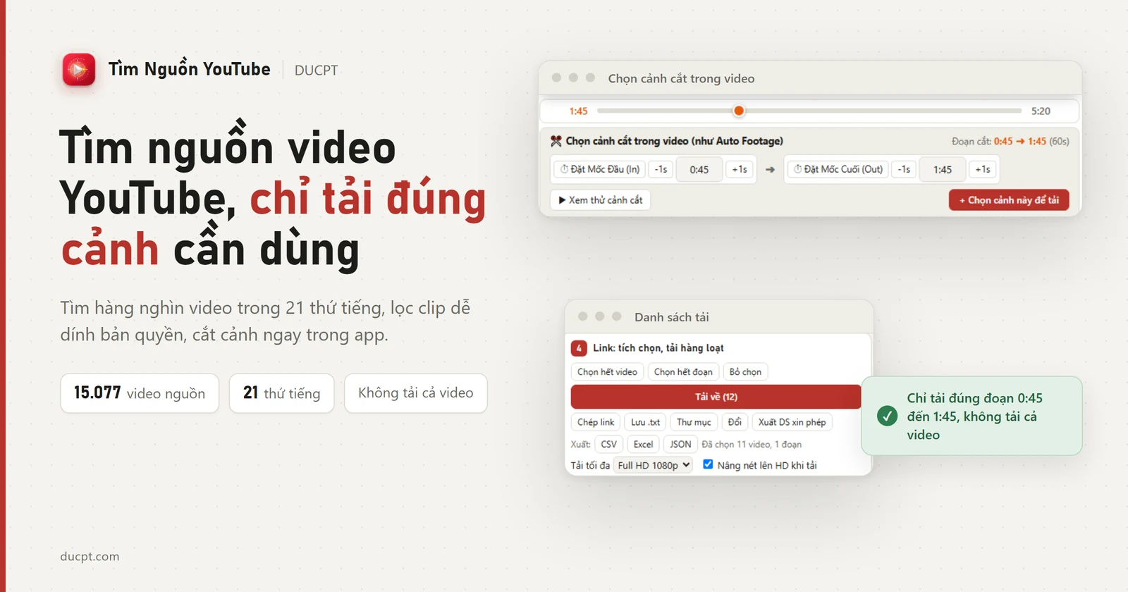 Tìm Nguồn YouTube: bảng chọn cảnh cắt và danh sách tải, chỉ tải đúng đoạn cần