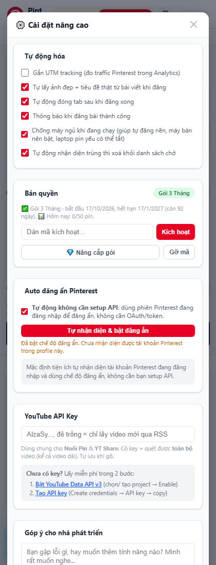 Cài đặt của Pinterest AutoPost