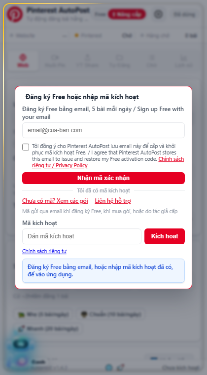 Màn nhập mã kích hoạt của Pinterest AutoPost