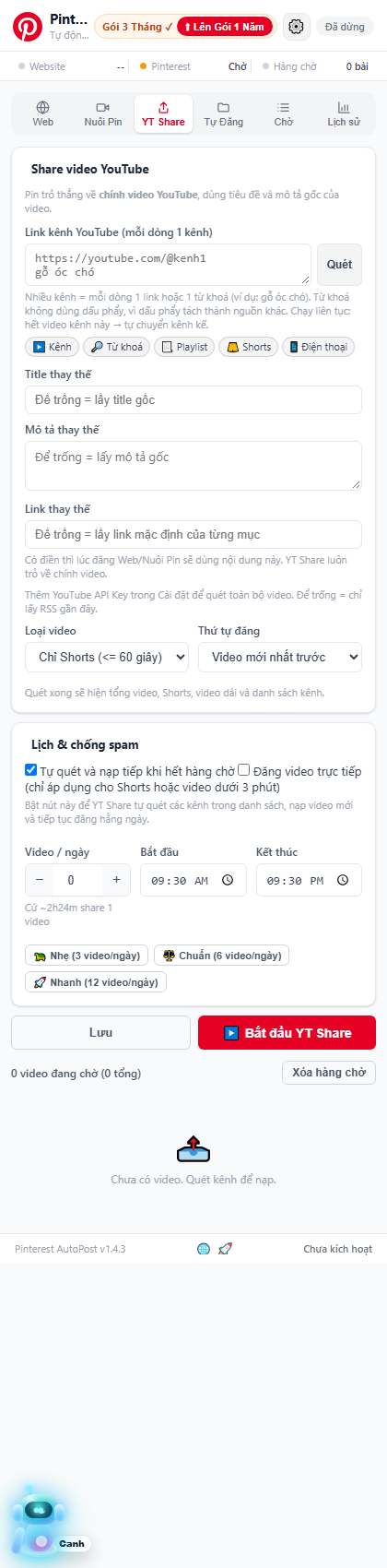 Tab YT Share của Pinterest AutoPost